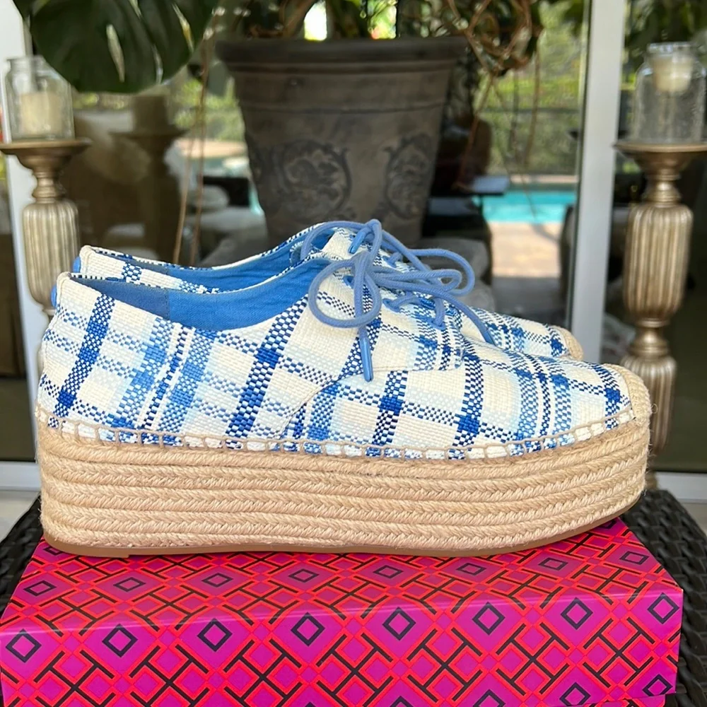 TORY BURCH Florence plaid platform espadrilles shoes size 9,5